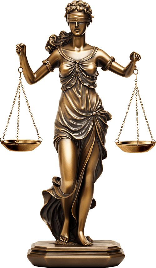 Bronze Lady Justice statue with blindfold holding scales of justice on marble base