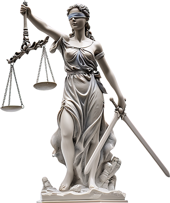 Lady Justice statue with blindfold holding scales and sword on white background